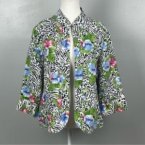 Choices 100% linen open front 3/4 sleeve tropical animal print jacket, Large.